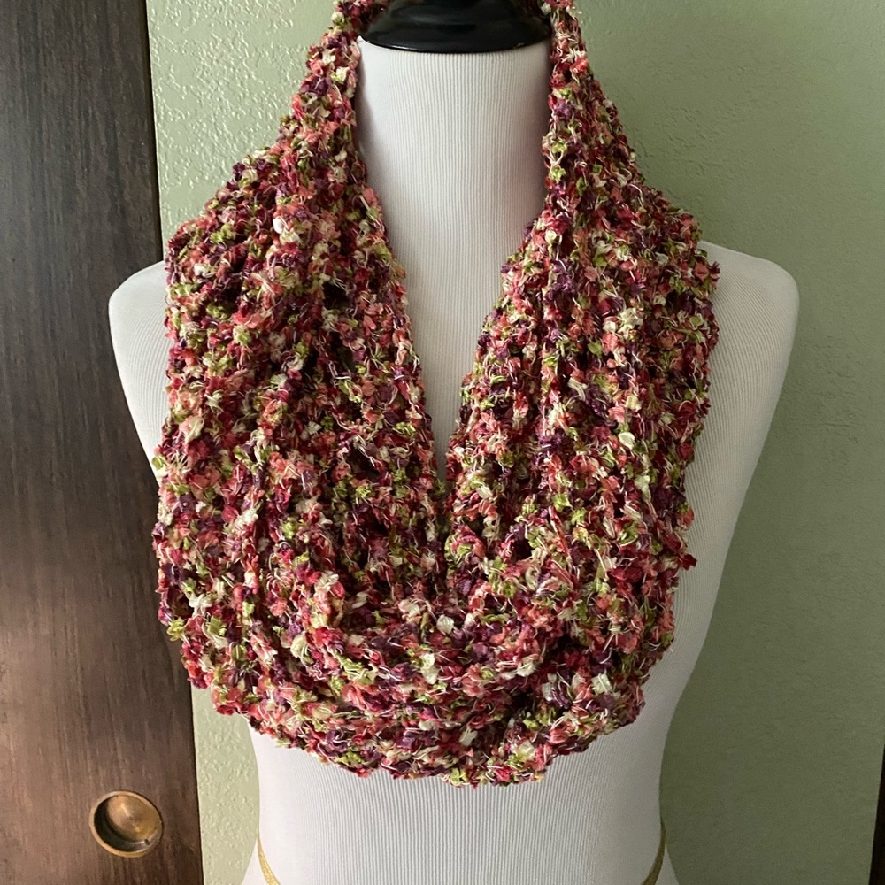Handmade Long Lightweight Lace Infinity Scarf 10" x 64" Shades Purple Pink Green